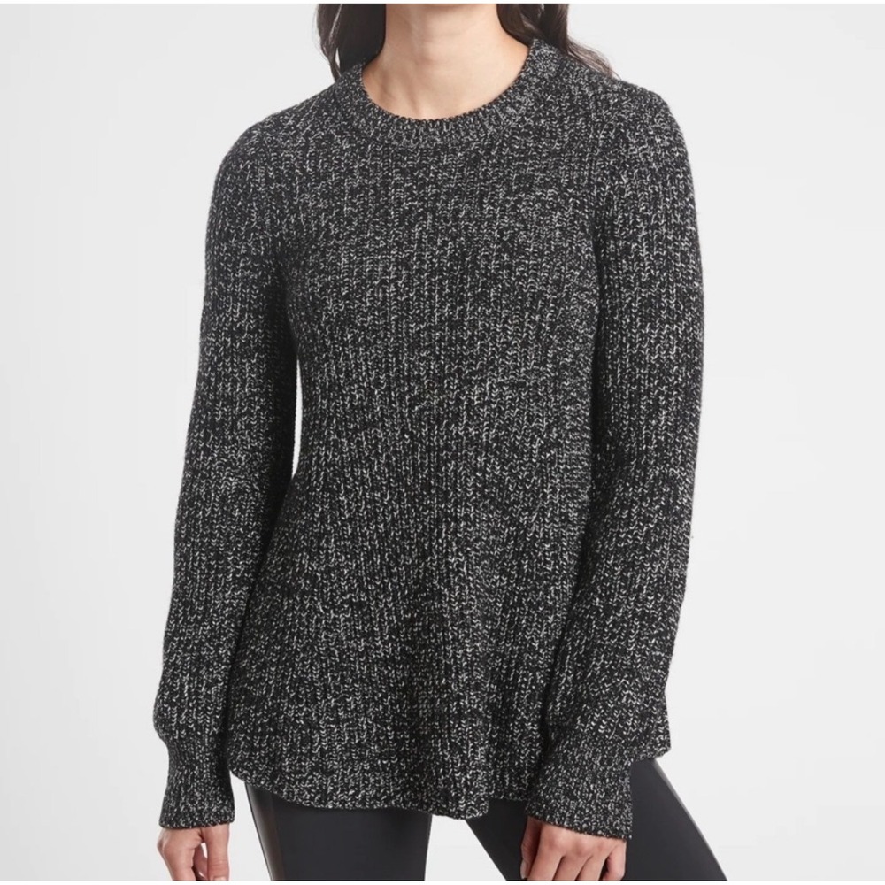 Athleta Womens Black White Marled Wool Blend Chunky Knit Crew Neck Sweater Small